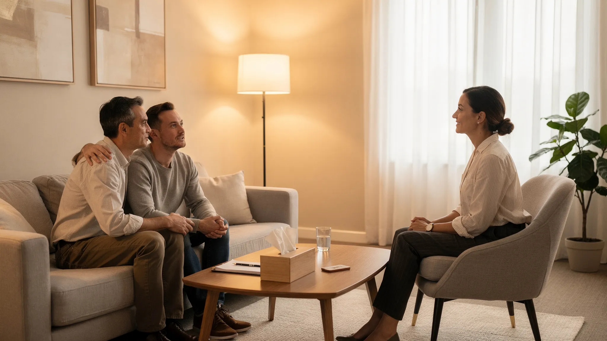 A calm therapy office scene with a couple seated on a couch and a therapist in a chair nearby, tissues on a small table, warm lighting, and neutral decor conveying safety and structure.